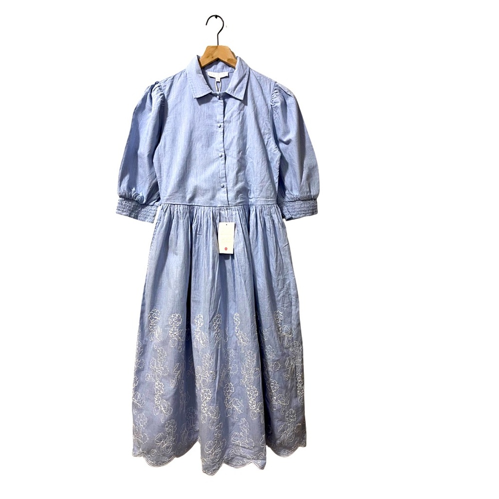 NWT Ivy City Co Chambray White Floral Embroider Scallop Midi Shirt Dress Size XS - Picture 1 of 12
